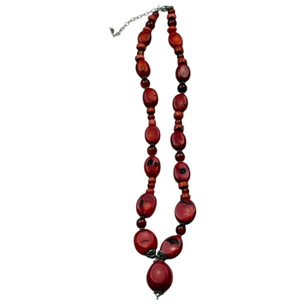 Red Beaded Statement Necklace Silver Accents 18” … - image 3